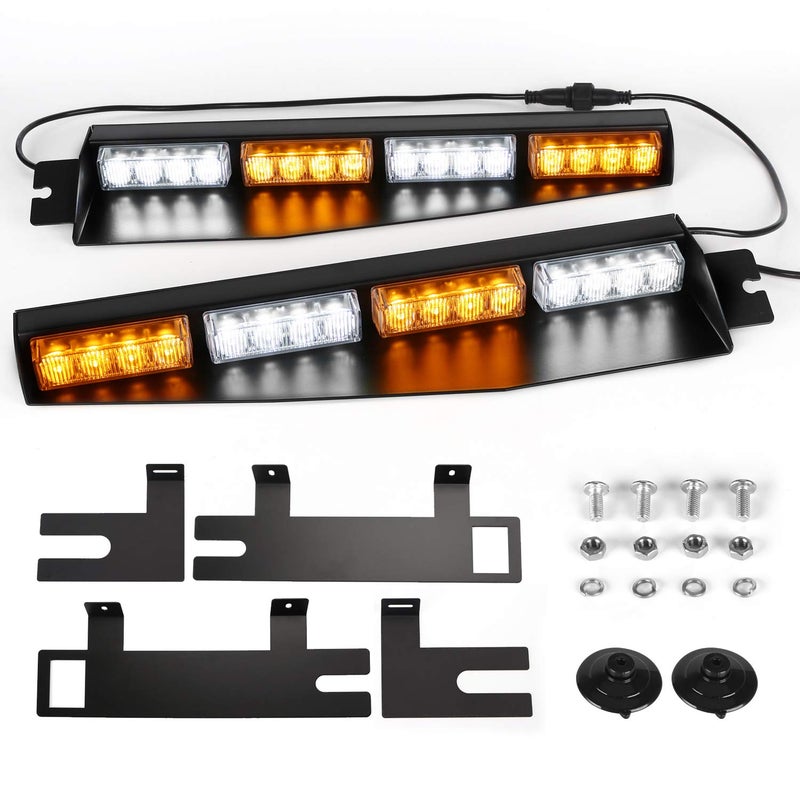 ASPL 32LED Visor Lights 26 Flash Patterns Windshield Emergency Hazard Warning Strobe Beacon Split Mount Deck Dash Lamp With Extend Bracket (Amber/White/Amber/White) - Image 1